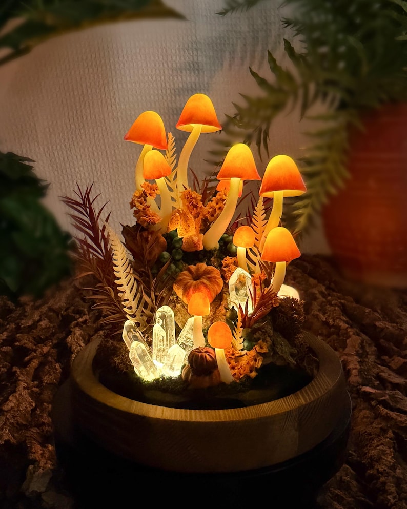 Mushroom Night Light with Glowing Crystals, Glass Dome & Wooden Base, Autumn Fairy Lamp, 4.7x4.7x6.7 in