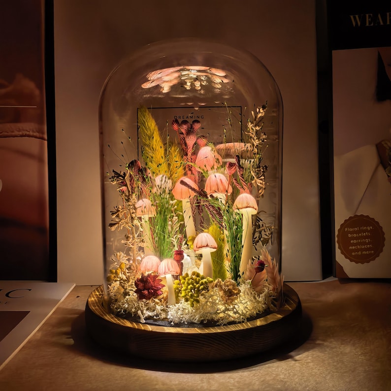 Mushroom Glass Dome Lamp – Handcrafted Forest Night Light, Pink, Small (3.94 x 3.94 x 6.3 in)
