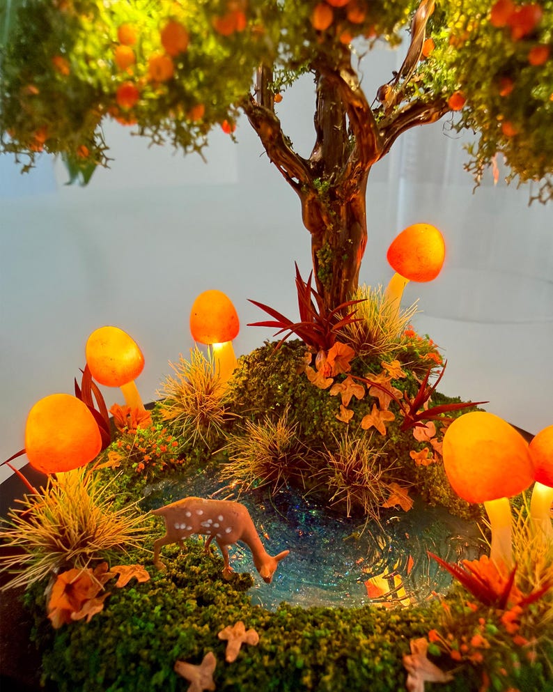 Autumn Fairy Tale Mushroom Lamp – Woodland Night Light with Acrylic or Glass Dome, USB or Battery Power, 6.69 Inch