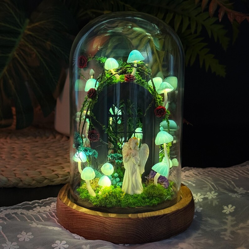 Blue Mushroom Night Light with Praying Angel, Gothic Forest Arch Design, Wood Glass Clay, 4.33x4.33x6.49 in