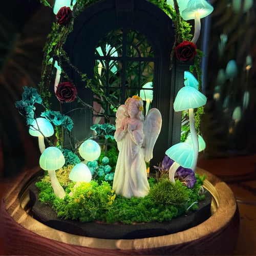 Blue Mushroom Night Light with Praying Angel, Gothic Forest Arch Design, Wood Glass Clay, 4.33x4.33x6.49 in