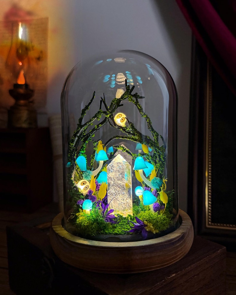 Handmade Blue Mushroom Lamp with Glowing Crystal Pillar, Forest Night Light, Wooden Base, Glass Dome, USB or Battery Powered