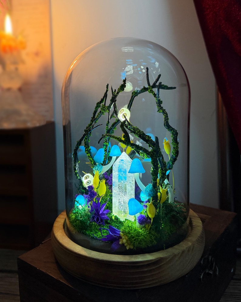 Handmade Blue Mushroom Lamp with Glowing Crystal Pillar, Forest Night Light, Wooden Base, Glass Dome, USB or Battery Powered