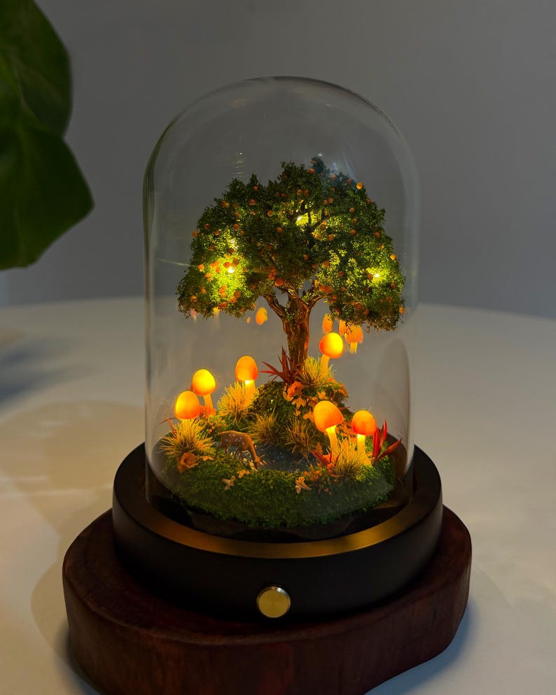 Autumn Fairy Tale Mushroom Lamp – Woodland Night Light with Acrylic or Glass Dome, USB or Battery Power, 6.69 Inch