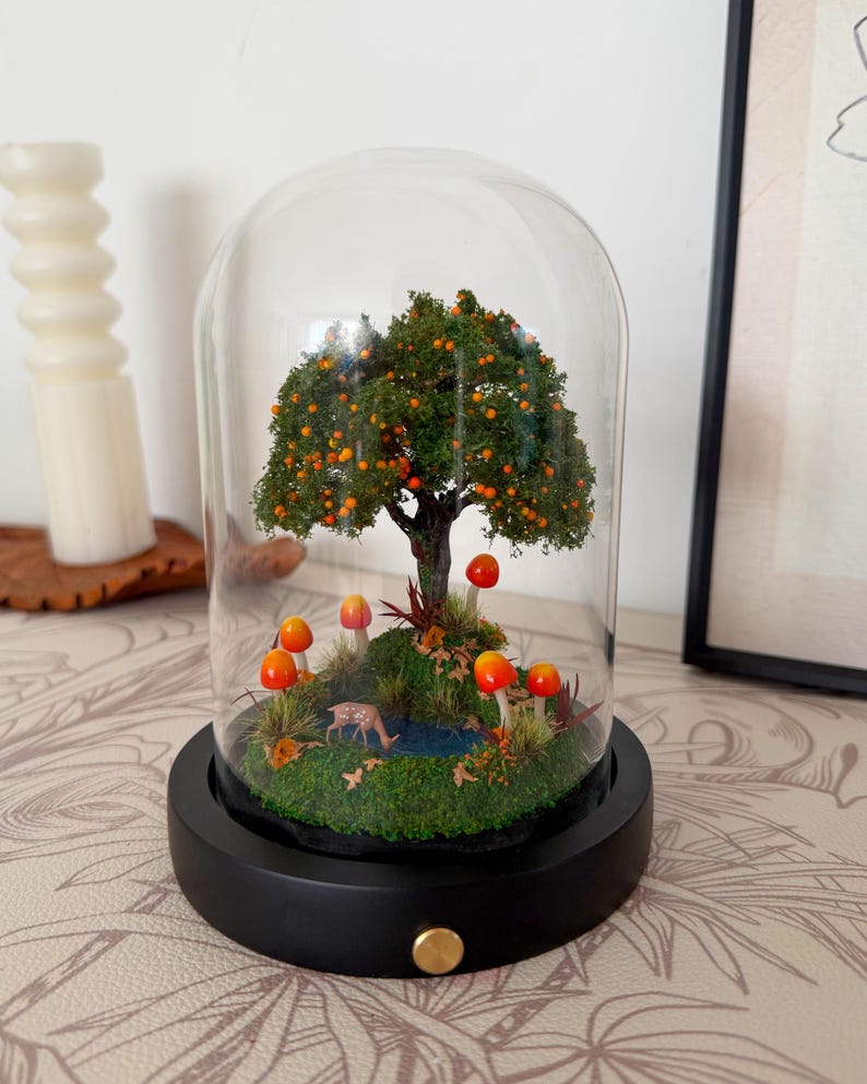 Autumn Fairy Tale Mushroom Lamp – Woodland Night Light with Acrylic or Glass Dome, USB or Battery Power, 6.69 Inch