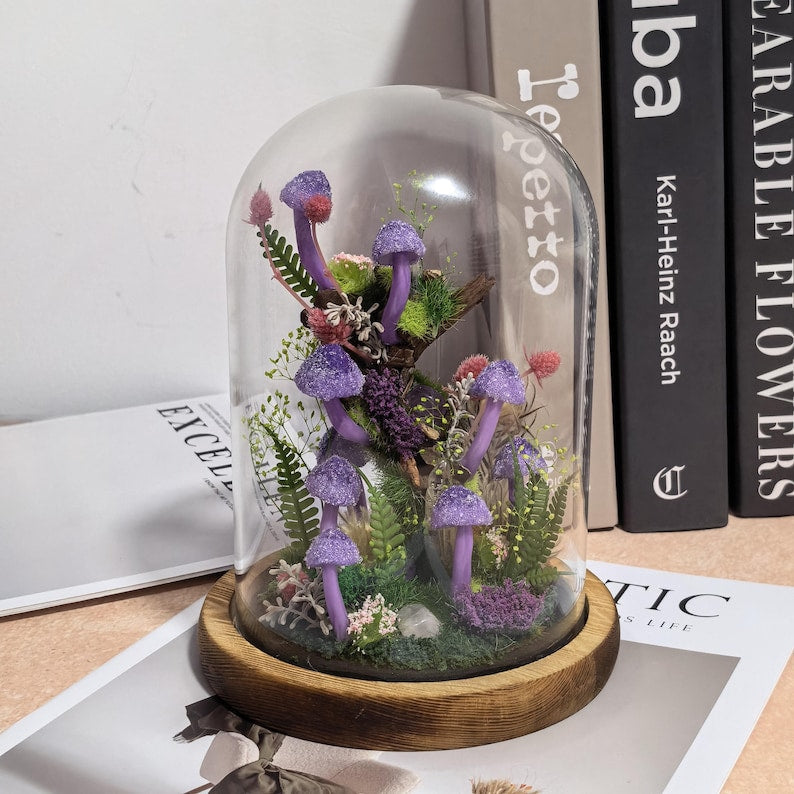 Purple Mushroom Night Light Glass Dome Lamp with Wood Base and LED Fairy Lights for Bedroom Decor