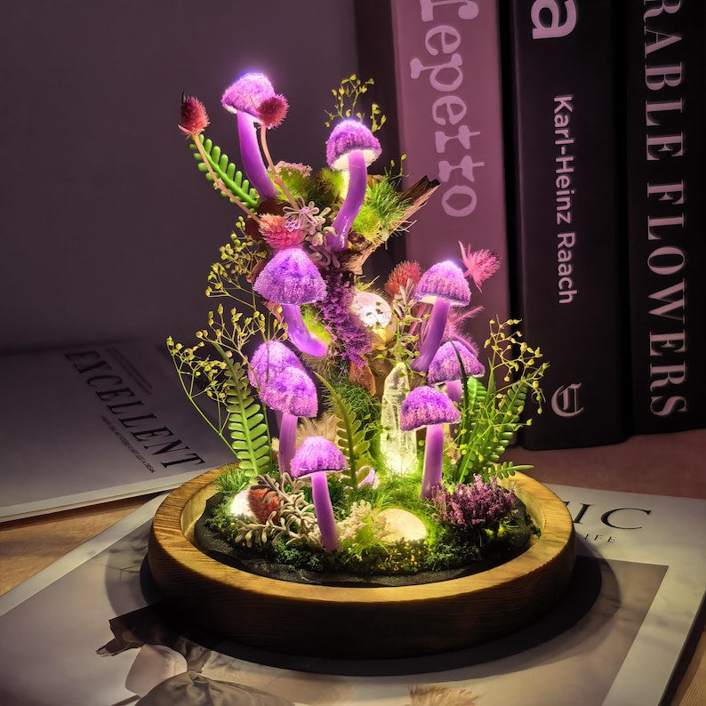 Purple Mushroom Night Light Glass Dome Lamp with Wood Base and LED Fairy Lights for Bedroom Decor
