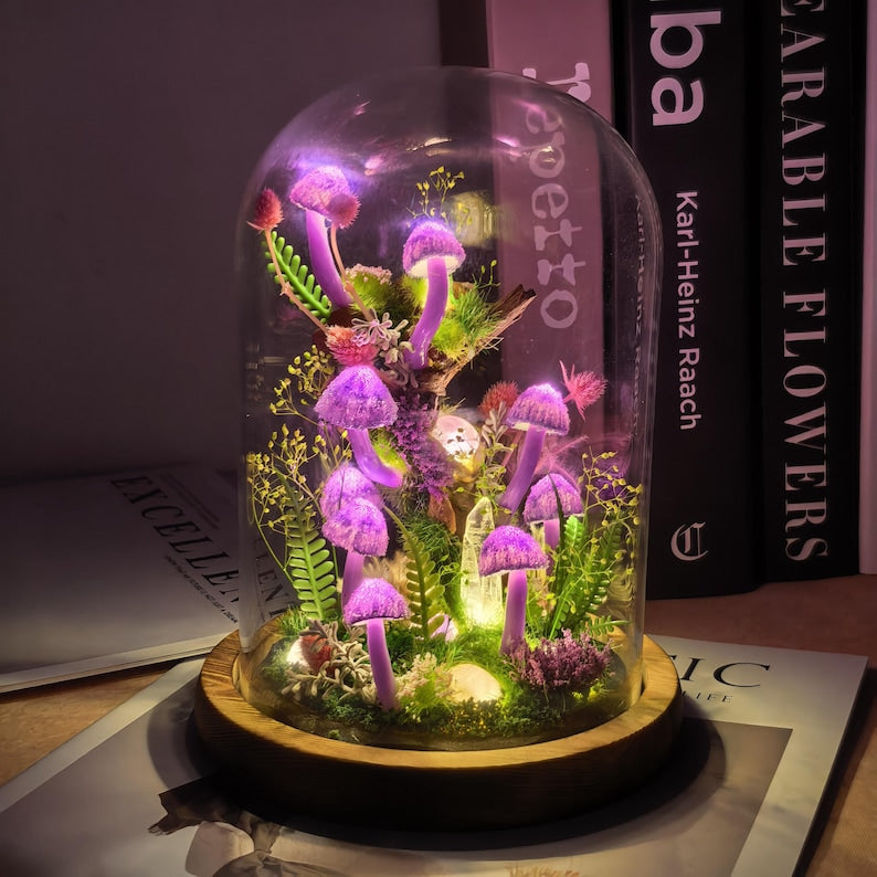 Purple Mushroom Night Light Glass Dome Lamp with Wood Base and LED Fairy Lights for Bedroom Decor