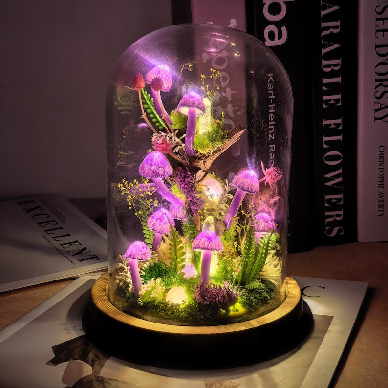 Purple Mushroom Night Light Glass Dome Lamp with Wood Base and LED Fairy Lights for Bedroom Decor