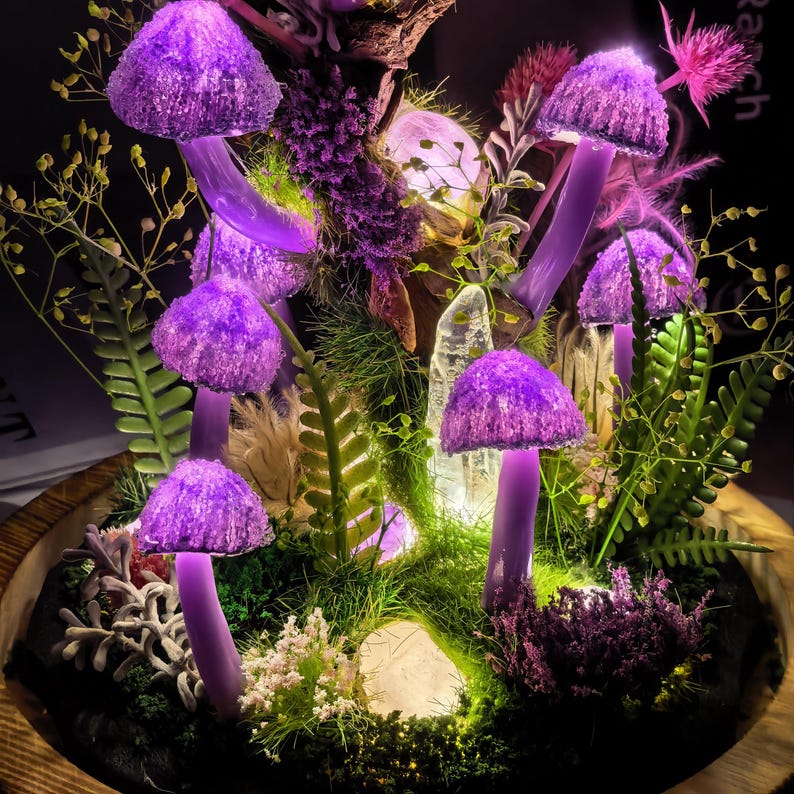 Purple Mushroom Night Light Glass Dome Lamp with Wood Base and LED Fairy Lights for Bedroom Decor
