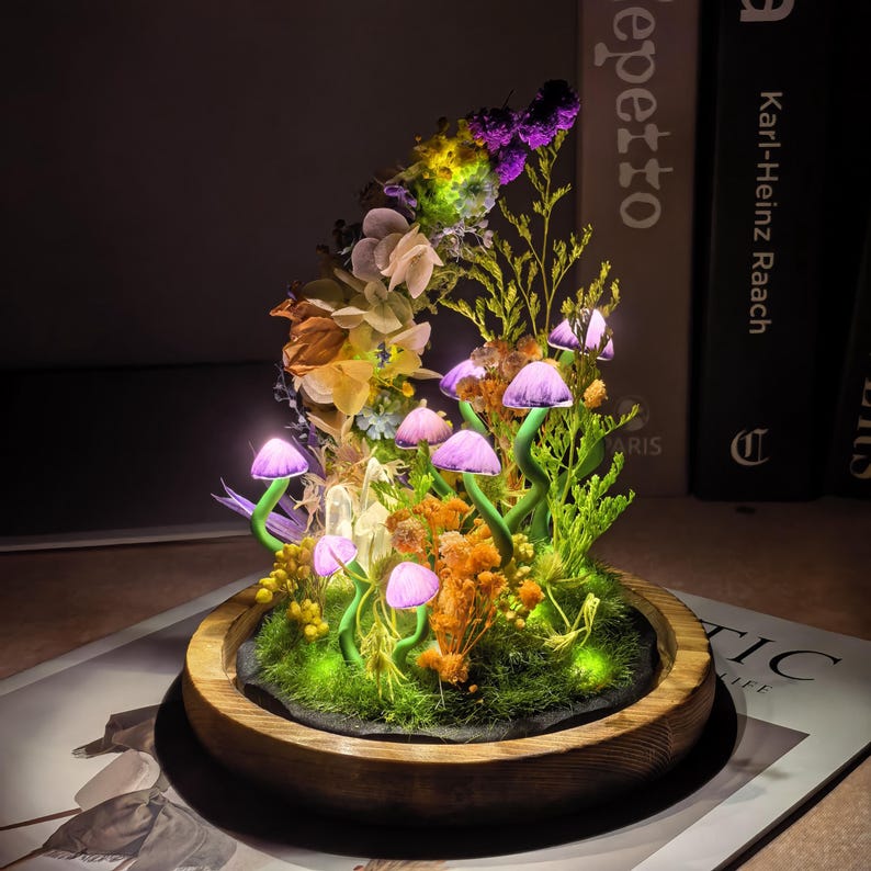 Glass Dome Mushroom Lamp with Warm LED Night Light, Handcrafted Forest Scene, Wood Base, Battery or USB Powered, Bedroom Decor