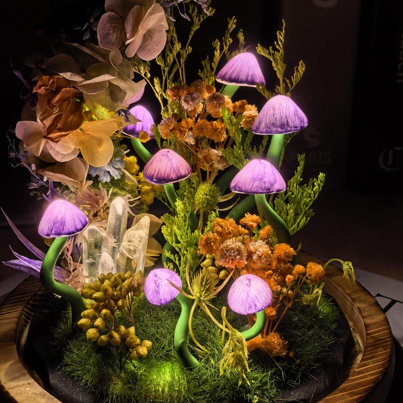 Glass Dome Mushroom Lamp with Warm LED Night Light, Handcrafted Forest Scene, Wood Base, Battery or USB Powered, Bedroom Decor
