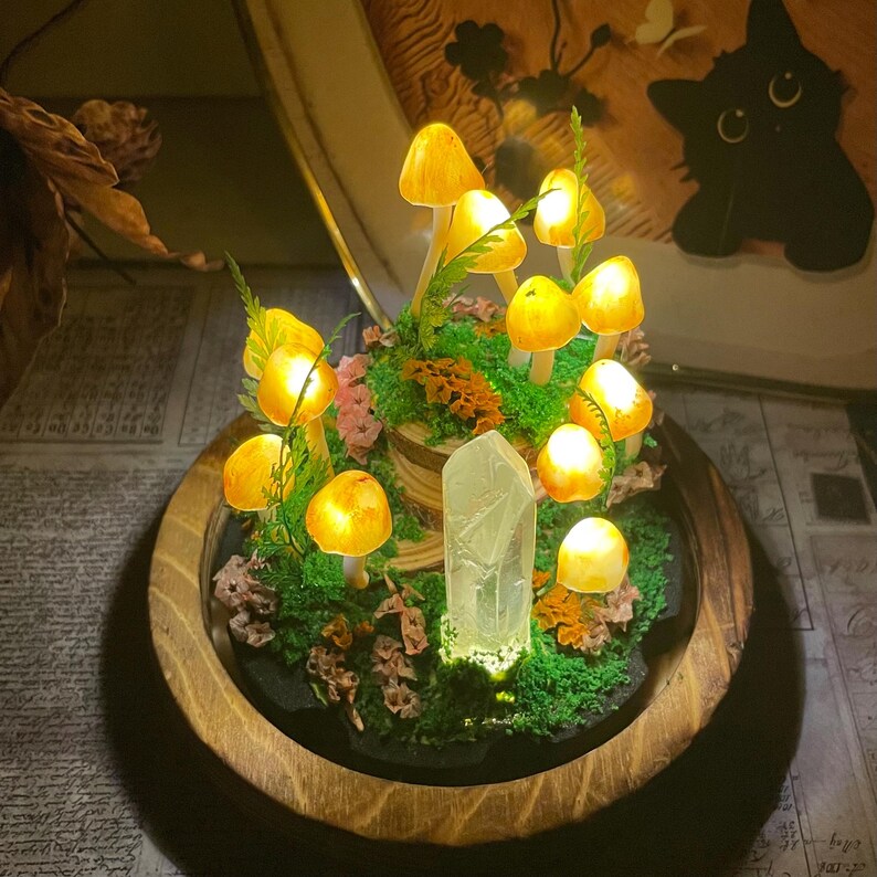 Yellow Mushroom Night Light with Crystal Column, Glass & Wood Base, Battery or USB Powered, 12 cm Handmade Fairy Lamp