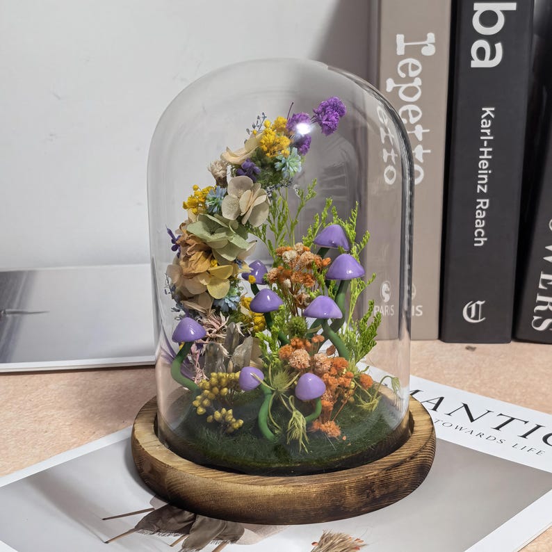 Glass Dome Mushroom Lamp with Warm LED Night Light, Handcrafted Forest Scene, Wood Base, Battery or USB Powered, Bedroom Decor