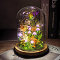 Glass Dome Mushroom Lamp with Warm LED Night Light, Handcrafted Forest Scene, Wood Base, Battery or USB Powered, Bedroom Decor