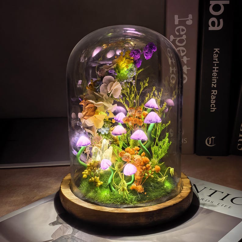 Glass Dome Mushroom Lamp with Warm LED Night Light, Handcrafted Forest Scene, Wood Base, Battery or USB Powered, Bedroom Decor