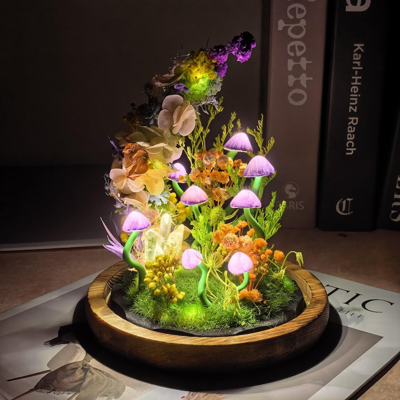 Glass Dome Mushroom Lamp with Warm LED Night Light, Handcrafted Forest Scene, Wood Base, Battery or USB Powered, Bedroom Decor