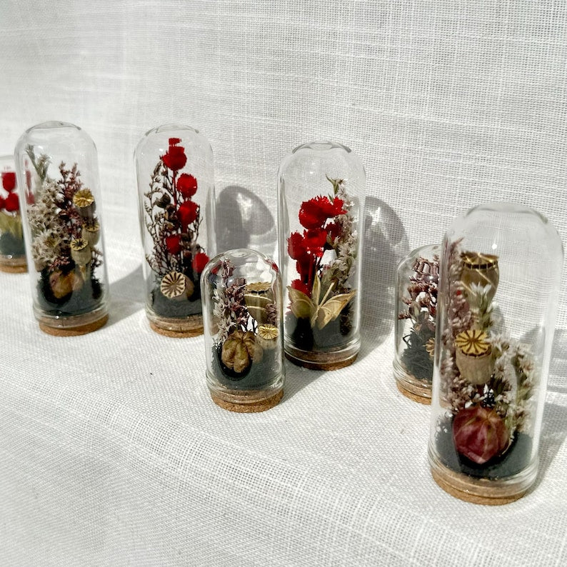 Mini Glass Terrarium with Dried Florals and Moss, Gothic Curio Jar, 1.75" and 2.75" Sizes