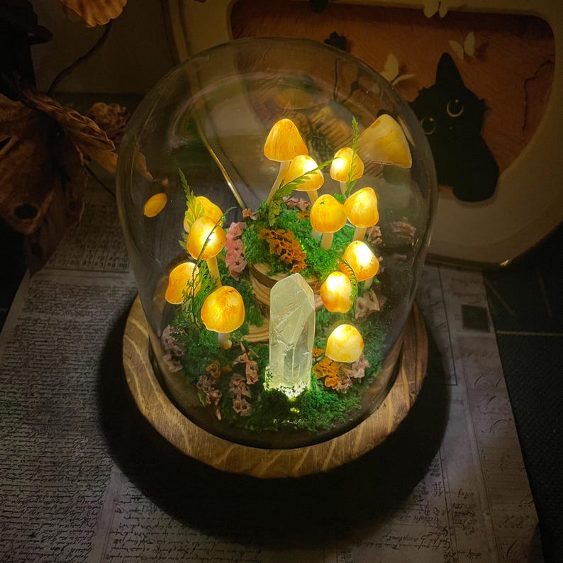 Yellow Mushroom Night Light with Crystal Column, Glass & Wood Base, Battery or USB Powered, 12 cm Handmade Fairy Lamp