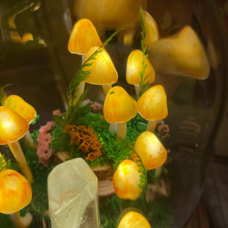 Yellow Mushroom Night Light with Crystal Column, Glass & Wood Base, Battery or USB Powered, 12 cm Handmade Fairy Lamp