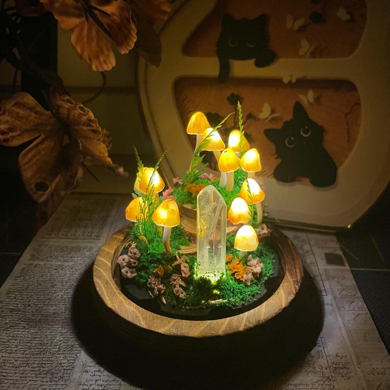 Yellow Mushroom Night Light with Crystal Column, Glass & Wood Base, Battery or USB Powered, 12 cm Handmade Fairy Lamp
