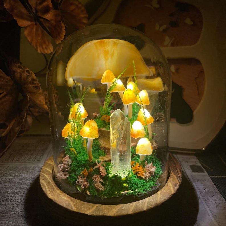 Yellow Mushroom Night Light with Crystal Column, Glass & Wood Base, Battery or USB Powered, 12 cm Handmade Fairy Lamp