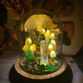 Yellow Mushroom Night Light with Crystal Column, Glass & Wood Base, Battery or USB Powered, 12 cm Handmade Fairy Lamp