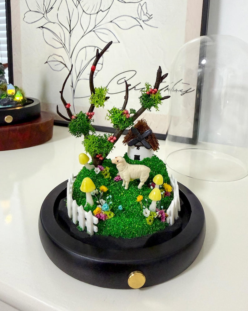 Mushroom Cottage LED Night Light with Sheep, Acrylic or Glass Dome, USB or Battery Powered, Wood Base, 6.69 Inch