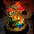 Red Mushroom Night Light with Dried Flowers and Vintage Pumpkin, Glass and Clay Table Lamp, Battery or USB Powered, 12 cm