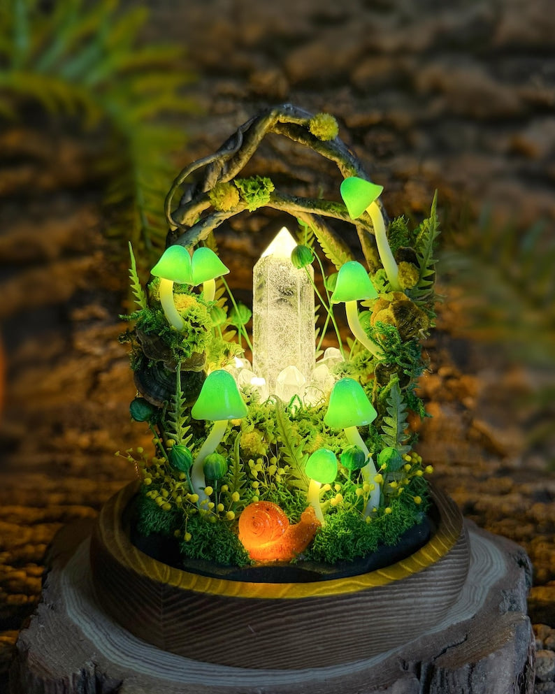 Green Mushroom Lamp with Crystal and Wooden Base, Glass Dome Night Light, 4.7 x 4.7 x 6.7 in