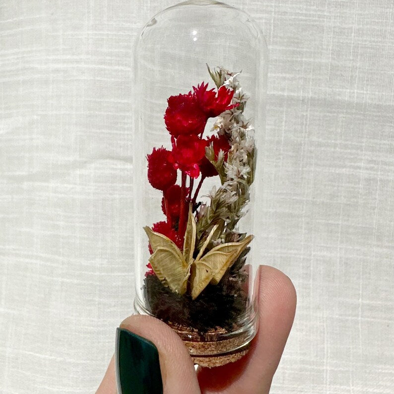 Mini Glass Terrarium with Dried Florals and Moss, Gothic Curio Jar, 1.75" and 2.75" Sizes