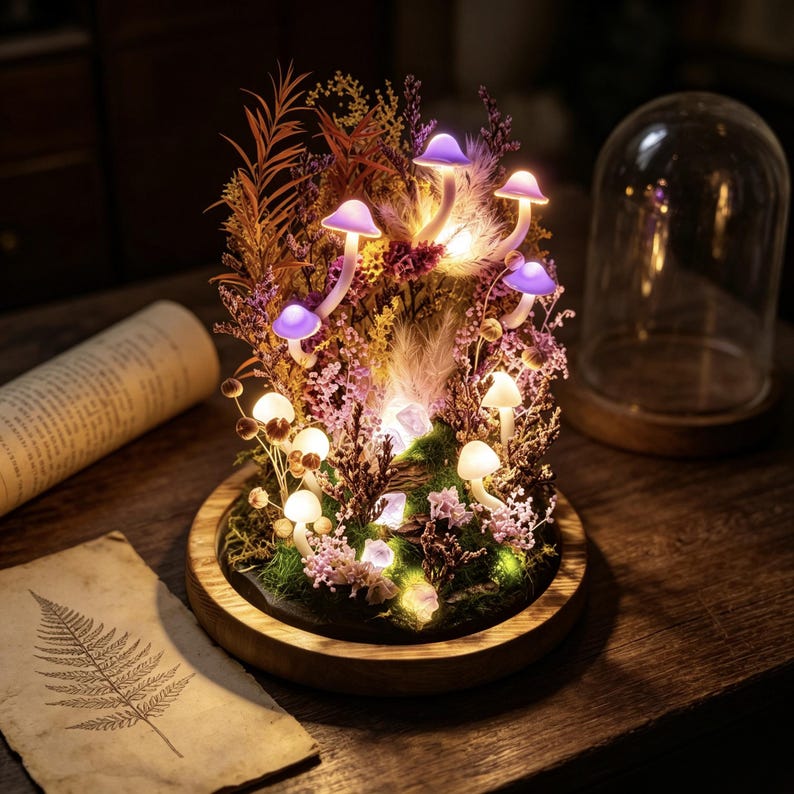 Mushroom Lamp with Amethyst Accent, LED Night Light, 2200K Warm White, Matte Finish, 6.3 Inch Height, 3.94 Inch Diameter