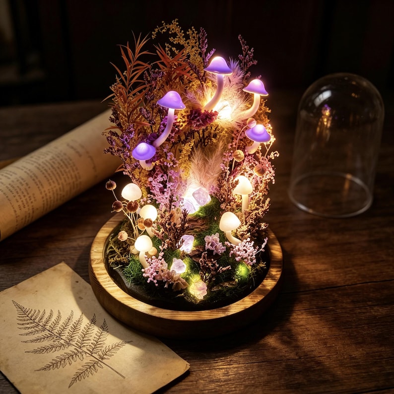 Mushroom Lamp with Amethyst Accent, LED Night Light, 2200K Warm White, Matte Finish, 6.3 Inch Height, 3.94 Inch Diameter