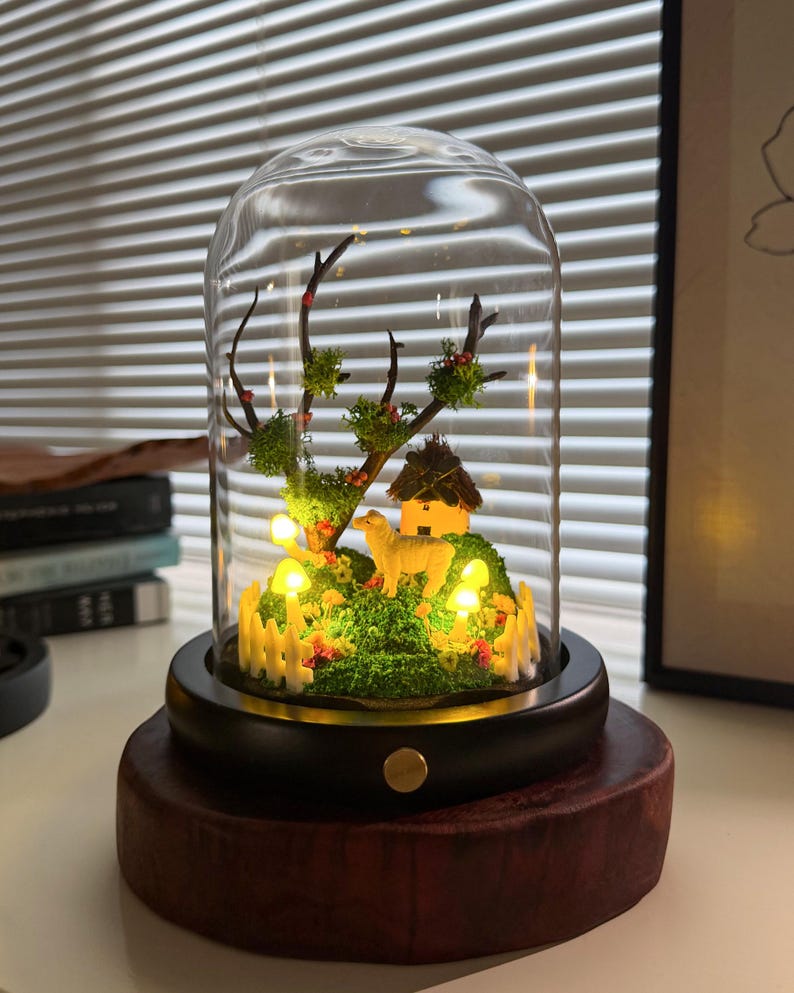 Mushroom Cottage LED Night Light with Sheep, Acrylic or Glass Dome, USB or Battery Powered, Wood Base, 6.69 Inch