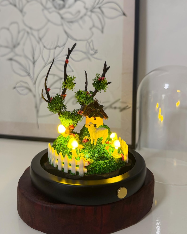 Mushroom Cottage LED Night Light with Sheep, Acrylic or Glass Dome, USB or Battery Powered, Wood Base, 6.69 Inch