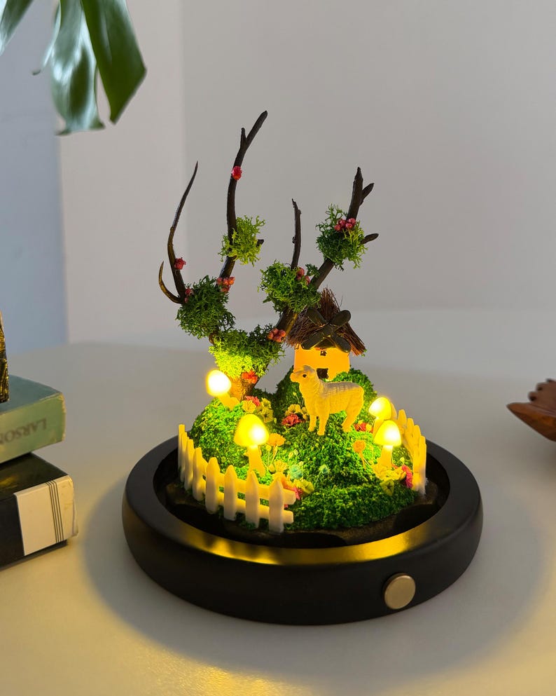Mushroom Cottage LED Night Light with Sheep, Acrylic or Glass Dome, USB or Battery Powered, Wood Base, 6.69 Inch