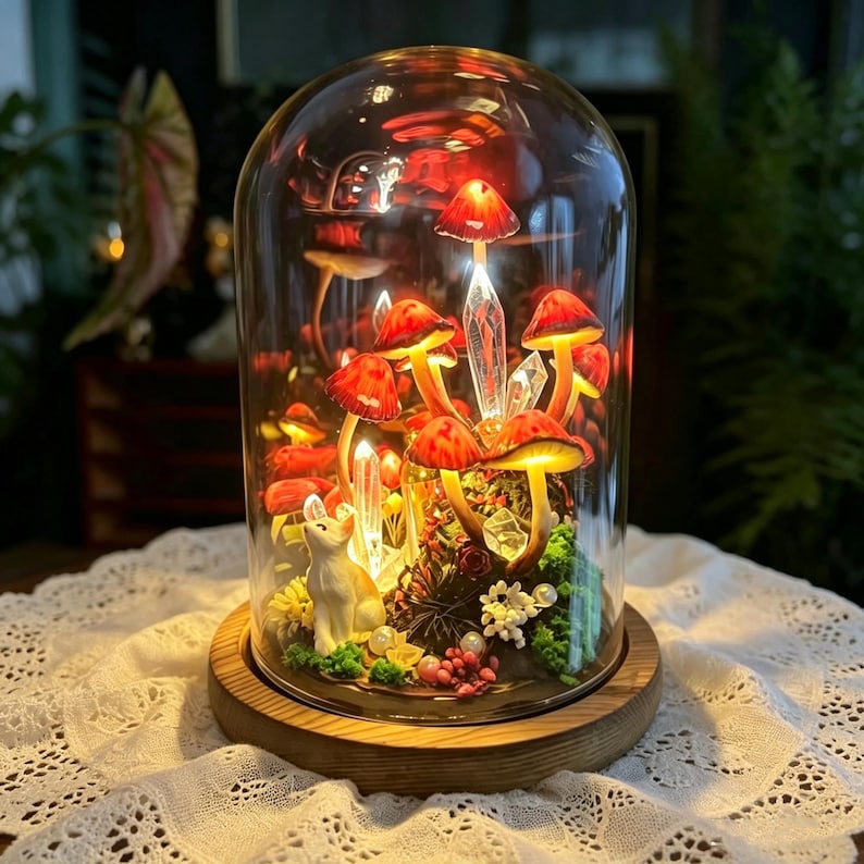 Red White Dots Glowing Mushroom Lamp with Crystal and Cat Figurine, Memorial Night Light with Vial for Pet Hair and Notes