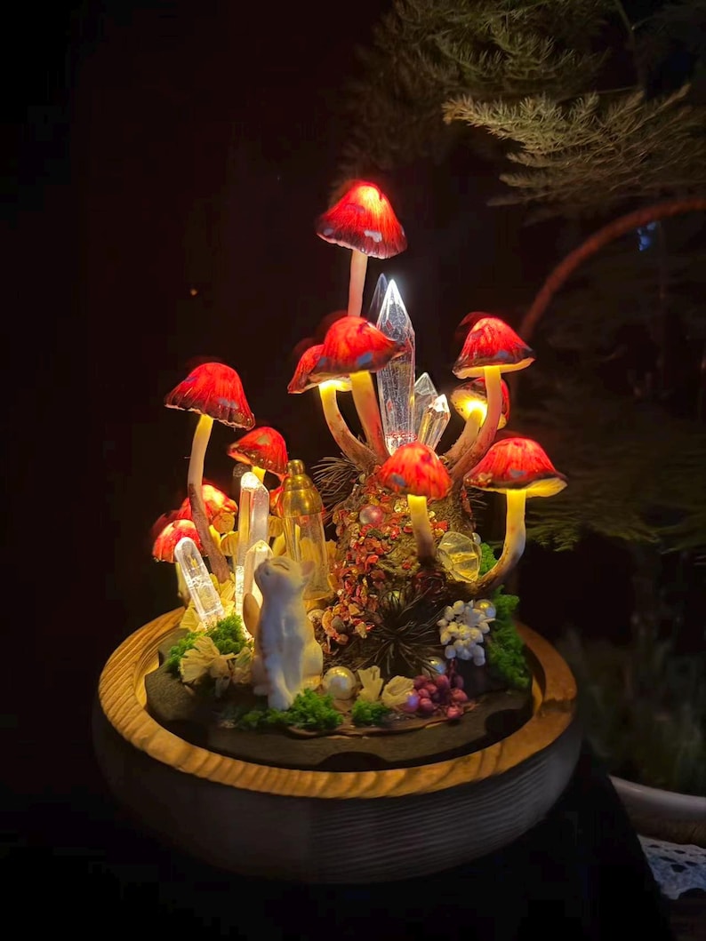 Red White Dots Glowing Mushroom Lamp with Crystal and Cat Figurine, Memorial Night Light with Vial for Pet Hair and Notes