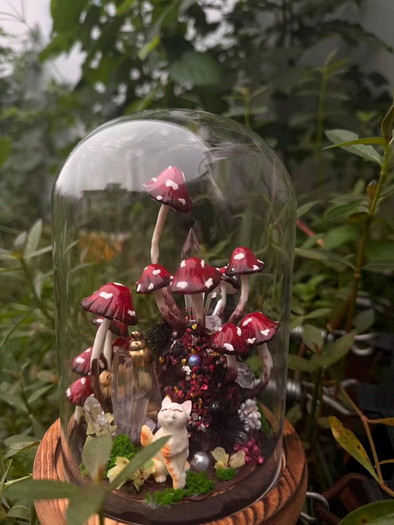 Red White Dots Glowing Mushroom Lamp with Crystal and Cat Figurine, Memorial Night Light with Vial for Pet Hair and Notes