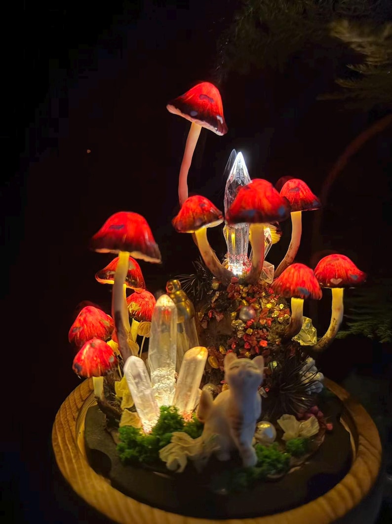Red White Dots Glowing Mushroom Lamp with Crystal and Cat Figurine, Memorial Night Light with Vial for Pet Hair and Notes