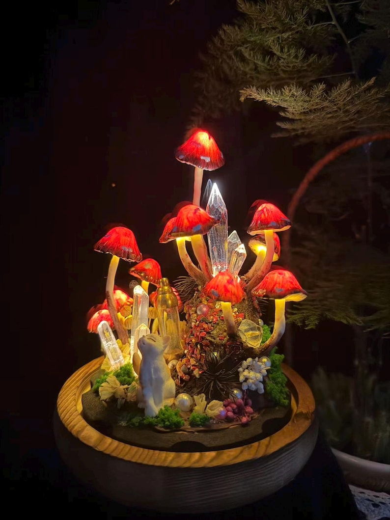 Red White Dots Glowing Mushroom Lamp with Crystal and Cat Figurine, Memorial Night Light with Vial for Pet Hair and Notes