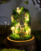 Deer and Mushroom Night Light with Wooden Base, Acrylic or Glass Dome, USB or Battery Powered