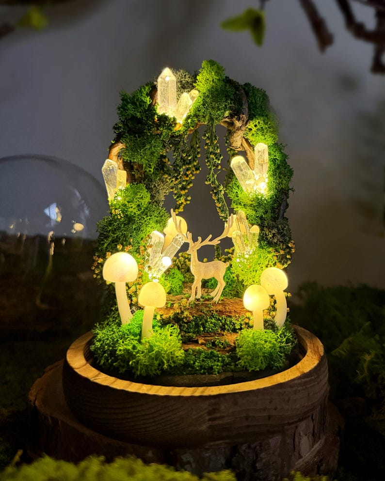 Deer and Mushroom Night Light with Wooden Base, Acrylic or Glass Dome, USB or Battery Powered