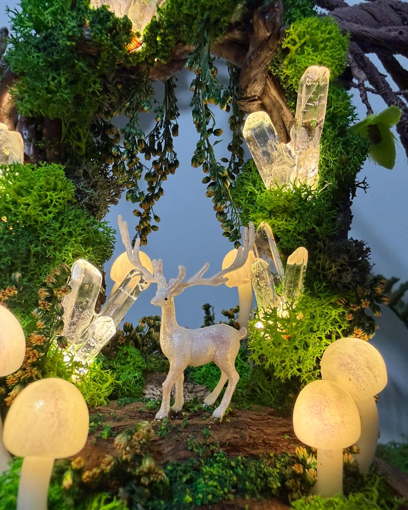Deer and Mushroom Night Light with Wooden Base, Acrylic or Glass Dome, USB or Battery Powered