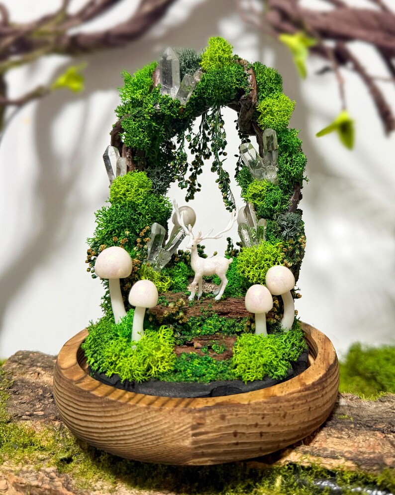 Deer and Mushroom Night Light with Wooden Base, Acrylic or Glass Dome, USB or Battery Powered