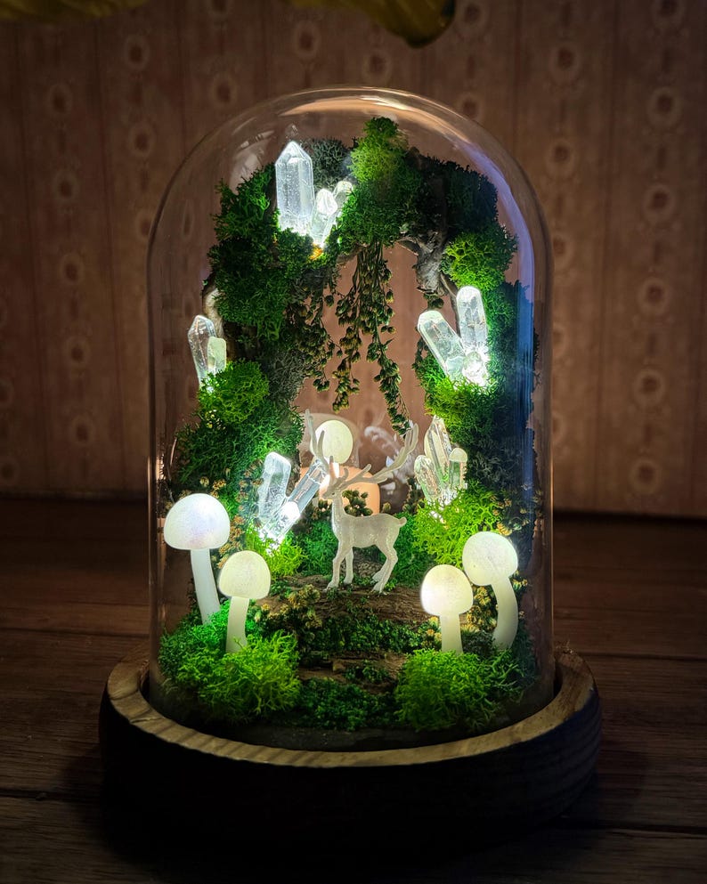 Deer and Mushroom Night Light with Wooden Base, Acrylic or Glass Dome, USB or Battery Powered