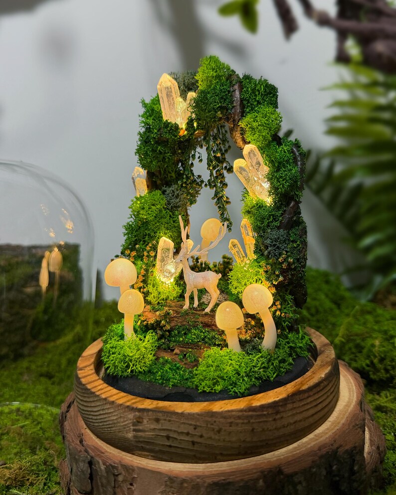 Deer and Mushroom Night Light with Wooden Base, Acrylic or Glass Dome, USB or Battery Powered