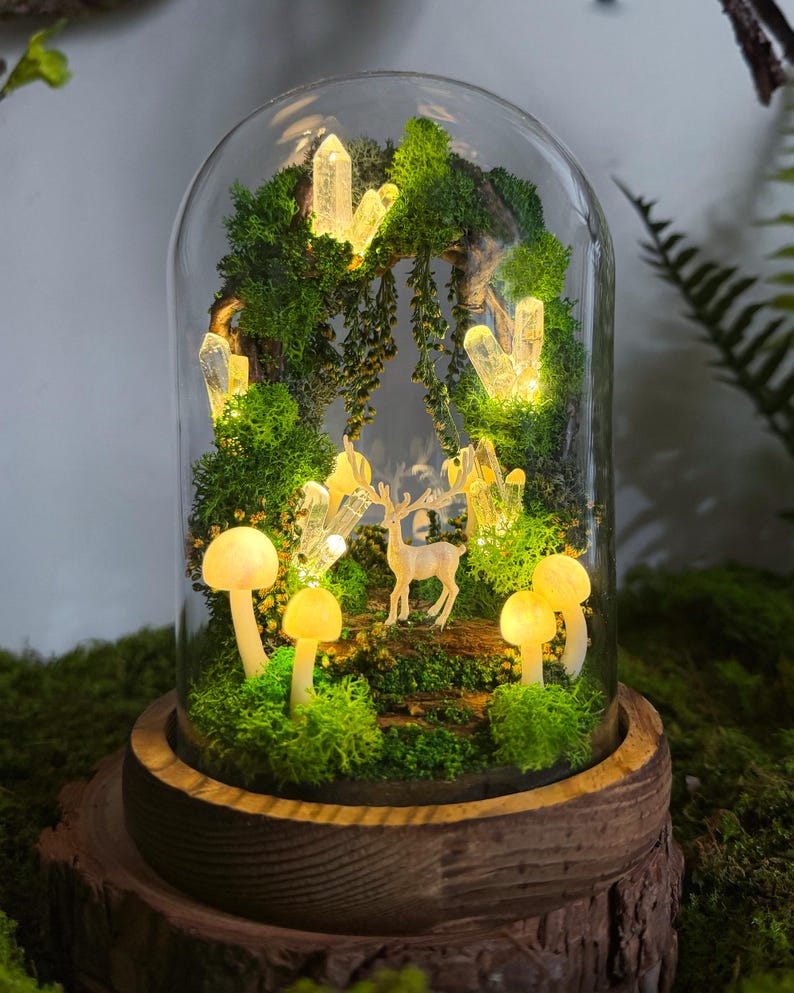 Deer and Mushroom Night Light with Wooden Base, Acrylic or Glass Dome, USB or Battery Powered